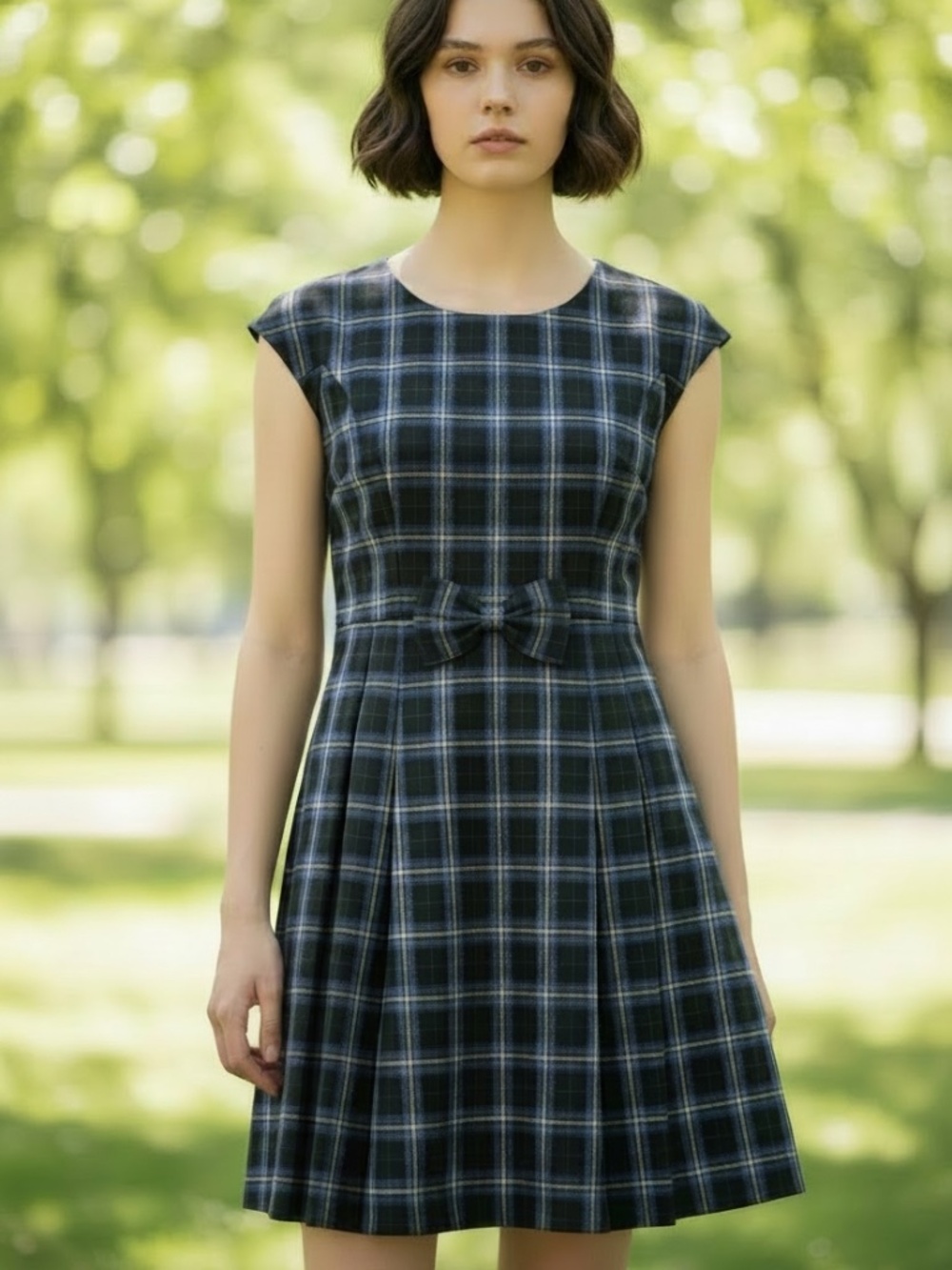 Bon Jour Japan Black & Blue Plaid Fit & Flare Pleated Cap Sleeve Dress SZ L